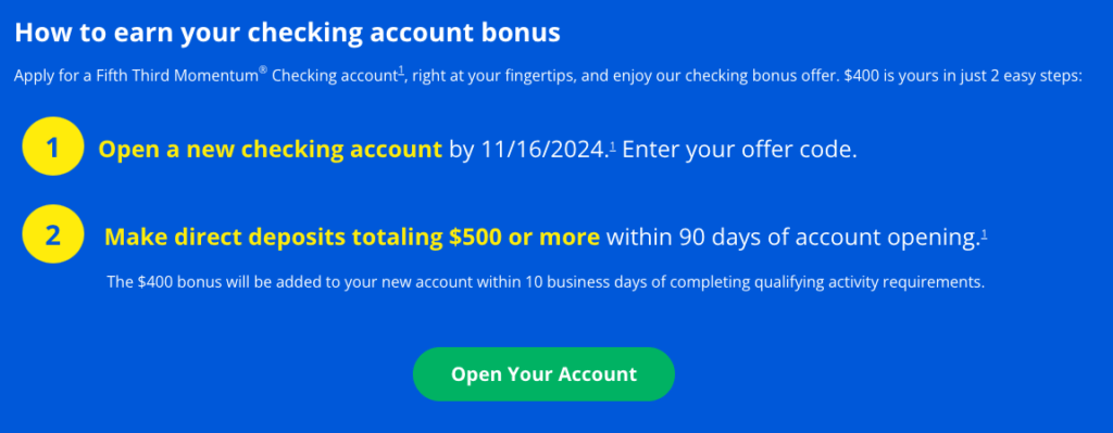 Check out the latest Fifth Third Bank bonus where you can get $400 after opening a new account and setting up a direct deposit.